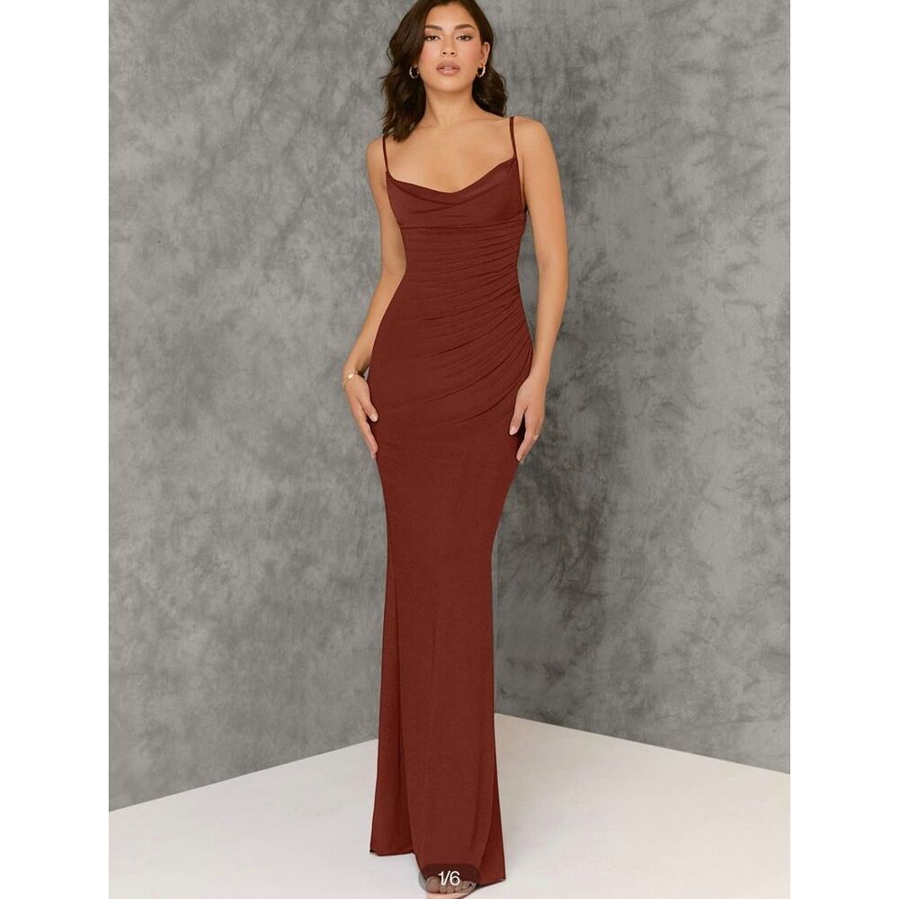 NWT AZAZIE Beryl Evening Gown Cowl Neck Scoop Back Terracotta Rust Womens A8